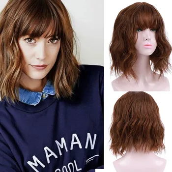 

LUPU Short Mixed Color Wigs With Bangs Natural Wavy Brown Blonde Purple Heat Resistant Synthetic Hair For African American Women