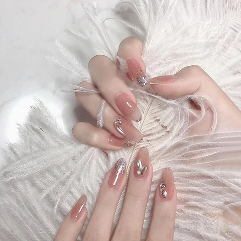 nails with glue designed Glittering Long  Removable Nail Stickers Wearing Nail Art Patterns 24pcs With Glue TN