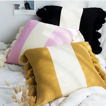 

Cotton knitting stripe decorative cushion cover for sofa Lumbar pillow home decoration soft throw pillows tassel ball pillowcase