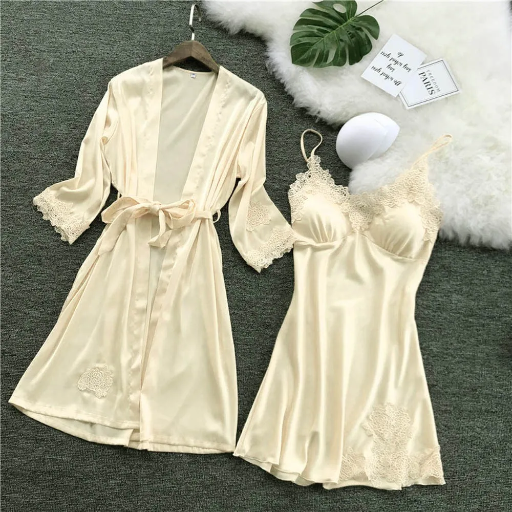 Beige 2 шт., женская одежда для сна, куртка, пояс, домашний сервис, женское модное соблазнительное кружевное белье, пояс, дамское нижнее белье, ночная рубашка 30X - Color: Beige