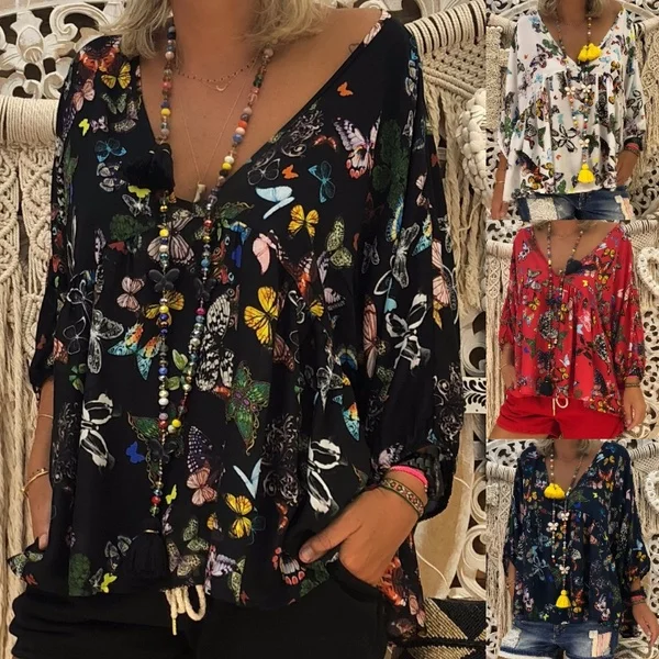 

Plus Size 5XL V-neck Women Tops and Blouse Elegnat Print Floral Pattern Long Sleeve Shirts Tops Women Shirts