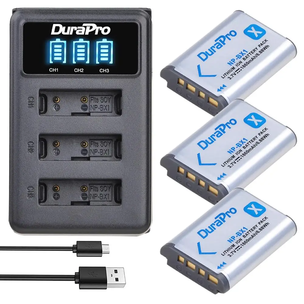 DuraPro 1860mAH NP-BX1 NPBX1 Battery + LED 3 Slots Charger For Sony ZV-1 FDR x3000 HDR as300 DSC rx100 iii DSC RX1 RX100iii camera battery,camera battery charger,rechargeable battery charger