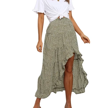 

Cotton High waist Midi Skirt women 2020 Spring and Summer Fashion Printed Elastic Waist Irregular Ruffled skirts Women's Skirt