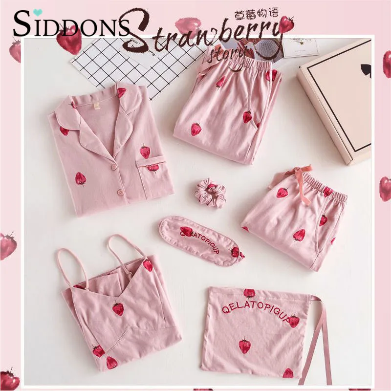 Lovely 7Pieces Set Pajamas Women Homewear Spring Cotton Long Sleeve Turn-down Collar Cardigan Sleepwear Cartoon Female Pyjamas