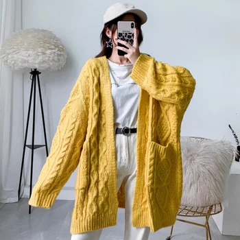 

LANMREM 2020 new spring solid color Mid-length knit Mohair sweater women streetwear loose casual O-Neck cardigan Tops PC434