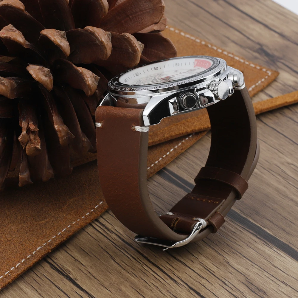 Retro Genuine Leather Watchband 20mm 18mm 22mm Black Brown Handmade Stitching Watch Strap Quick Release Replacement Men Wristban