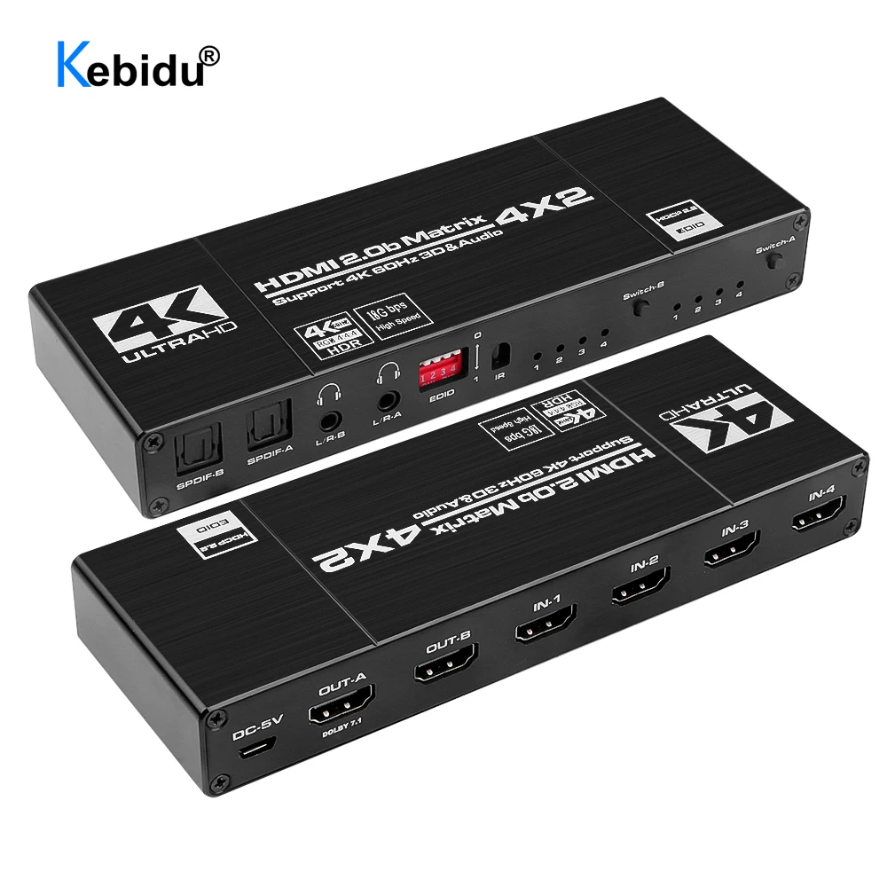 Матричный коммутатор 4K @ 60 Гц 4x2 HDMI-совместимый Разделитель с SPDIF и L/R 3 5 мм HDR