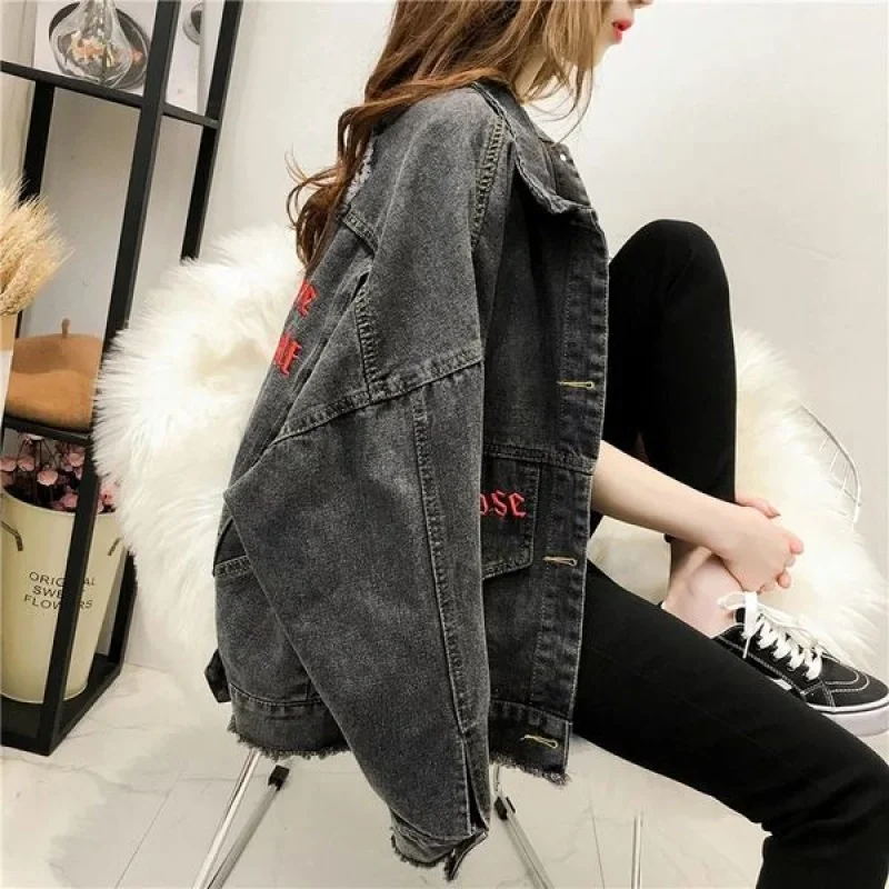 price reduction  Woherb Harajuku Womens Denim Jackets and Coats 2020 Vintage Ripped Frayed Black Jeans Jacket Letter