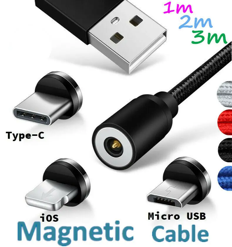 1 м ~ 3 360 ° Сильный магнитный светодиодный Micro USB C зарядный кабель IOS для iP 6 7 8 X XS XR