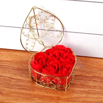 

New Romantic Valentine's Day Gift Heart Shape Iron Basket With 6 Soap Flower Roses Scented Soap Flower Gift Box Best Gifts Hot