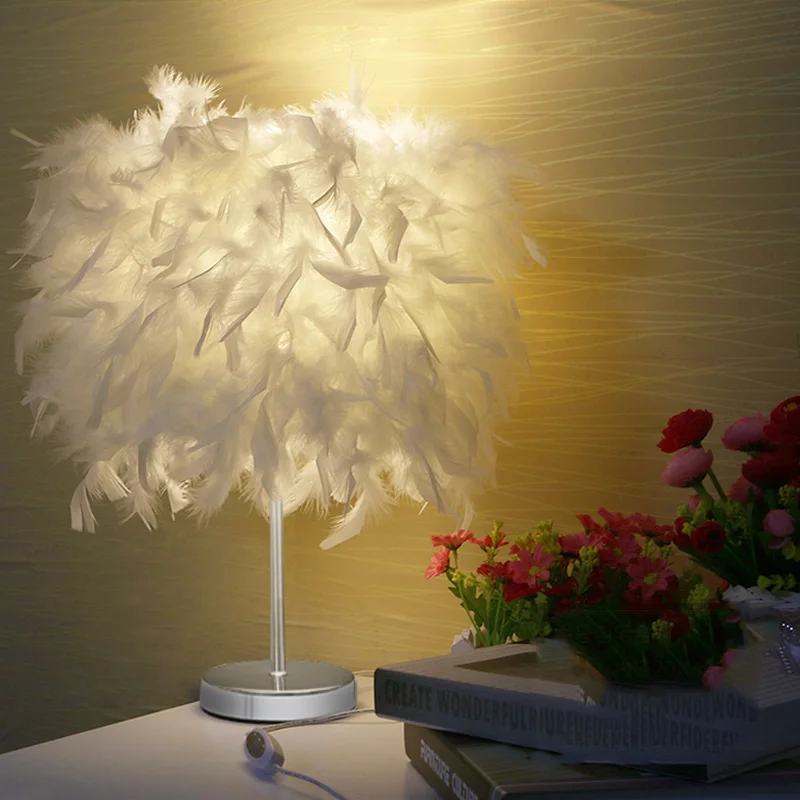White Feather Shade Table Lamp Modern Bedroom Bedside Desk Night Light Decor 