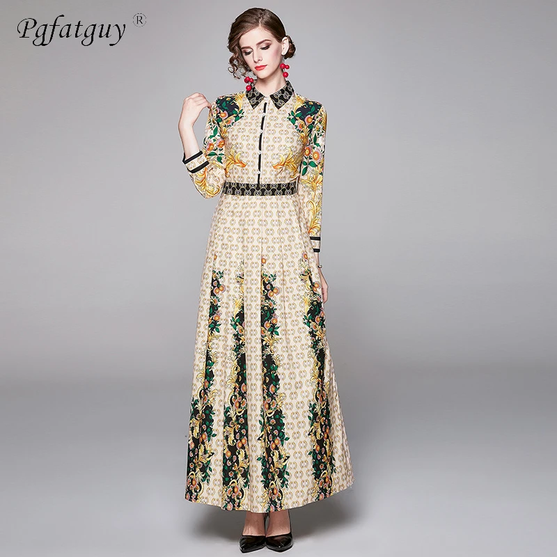 2020 Autumn Winter Fashion Runway Dress Women's Long Sleeve Turn-down Collar Elegant Geometric Print Slim Vintage | Женская одежда