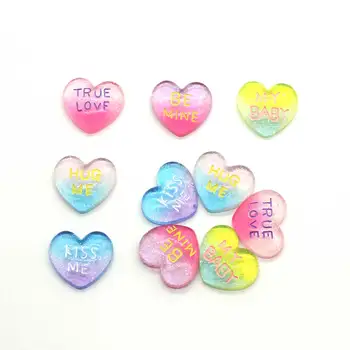 

50Pcs/lot Mix Gradient Glitter Rainbow TRUE LOVE HUG ME Heart Flatback Resin Cabochon Scrapbook For Hair Bow DIY Decor
