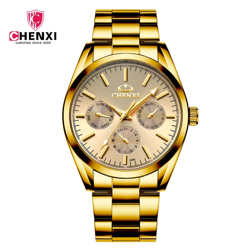 

Genuine Product Trend MEN'S Watch Brand Classic Business Three-Eyed Decoration All Gold Watch Steel Band Quartz Watch