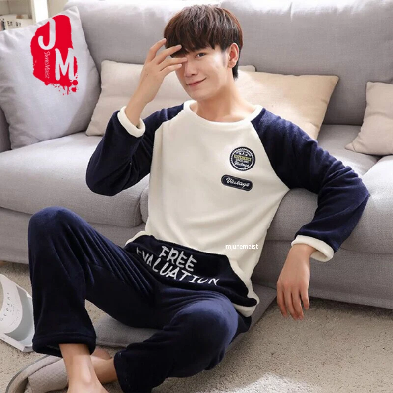 men pajamas winter Winter Thick Warm Blue Flannel Pajama Sets For Men Long Sleeve Coral Velvet Sleepwear Suit Loungewear Homewear Home Clothes - Цвет: men pajamas winter