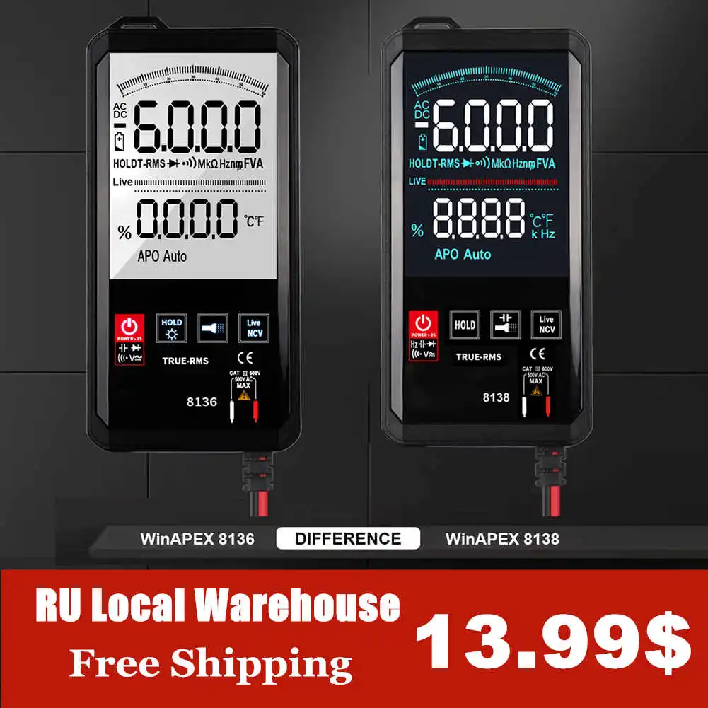 WinAPEX ET8138/8136 Touch Screen Multimeter Digital Automatic 6000 Count True-RMS Voltage Frequency Capacitance Diode NCV Tester |