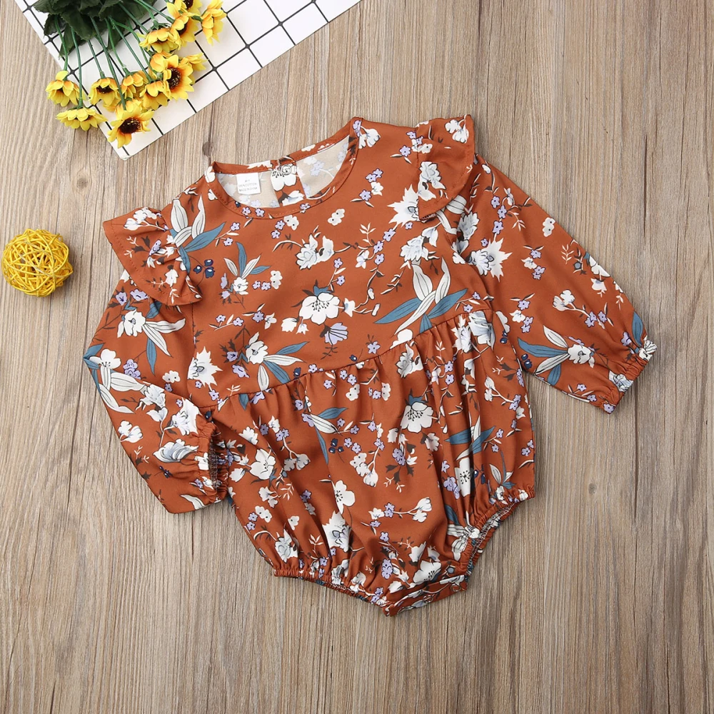 Brand 0-24M Newborn Baby Girls Autumn Clothes Bodysuit Bohe Ruffel Floral Long Sleeve Plyasuit Jumpsuit Autumn Outfit