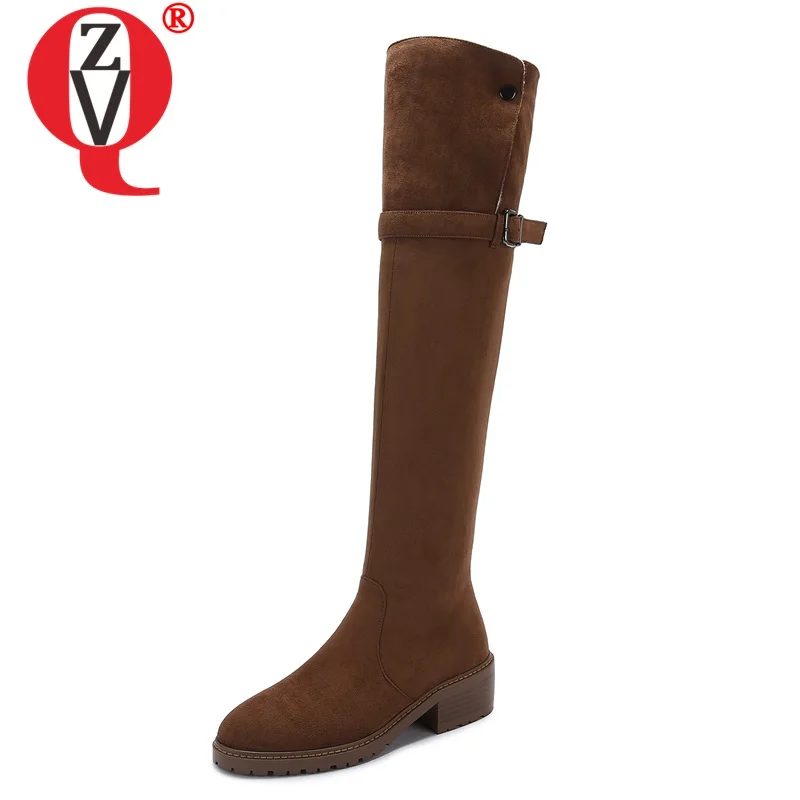 

ZVQ winter new concise over knee boots outside comfortable round toe mid heels kid suede real wool women shoes drop shipping
