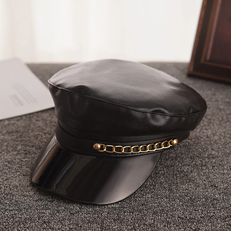 Модная военная шапка из искусственной кожи, зимняя Матросская шляпа для женщин и мужчин, черная гладкая шляпа, металлический пояс, Кепка Капитана, ретро берет, шляпа gorras