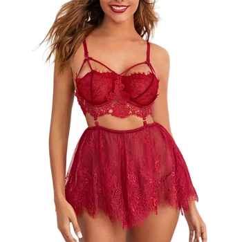 

Women's Sexy Lingerie Outfits Cutout Lace Flower Bra + Mesh Short Skirt + Thong (S/M/L/XL)