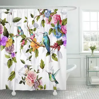 

Fabric Shower Curtain Curtains with Hooks Red Flower Humming Bird Roses Peony with Leaves on White Watercolor Pattern Blue