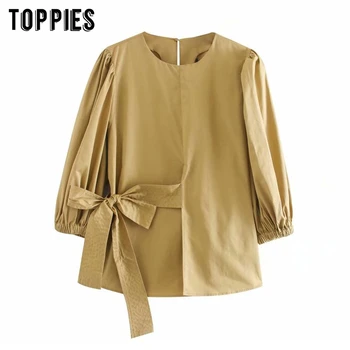 

2020 summer tops women beige bow blouses plain shirts three quarter sleeve round neck blouses