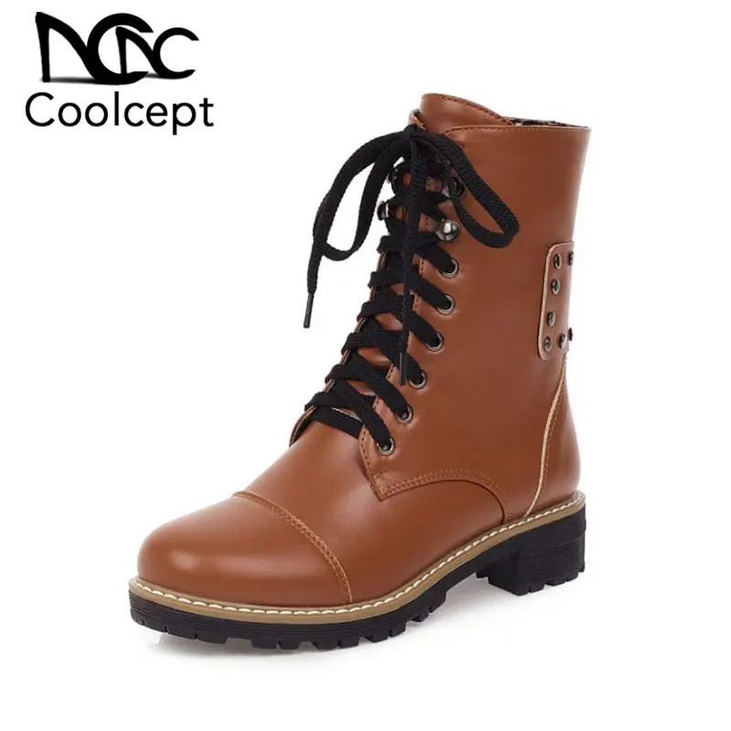 

Coolcept Women Fashion Ankle Boots Keep Warm Rivets Simple Side Zipper Shoes Women Fancy Cross Strap Ridding Boots Size 33-43