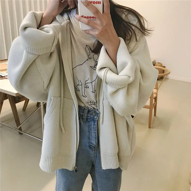 

Fall Winter 2019 Loose Long Cardigans Women Zipper Hooded V-Neck Pockets Casual Solid Knitted Sweaters