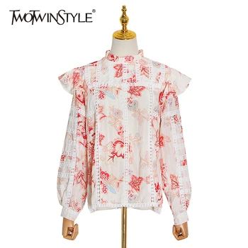 

TWOTWINSTYLE Vintage Print Ruffle Shirts For Women Stand Collar Long Sleeve Patchwork Lace Shirt Female 2020 Spring Fashion Tide