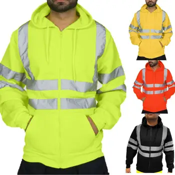 

New Men Winter Pocket Zip Fleece High Visibility Sanitation Worker Warm Hooded Coat