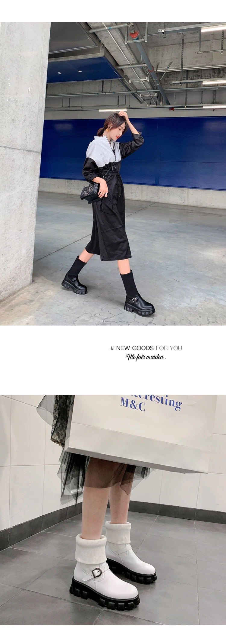 Новые женские ботинки Martens на не сужающемся книзу массивном каблуке; сезон осень-зима; вязаные носки; эластичные сапоги до середины икры; большие размеры 46