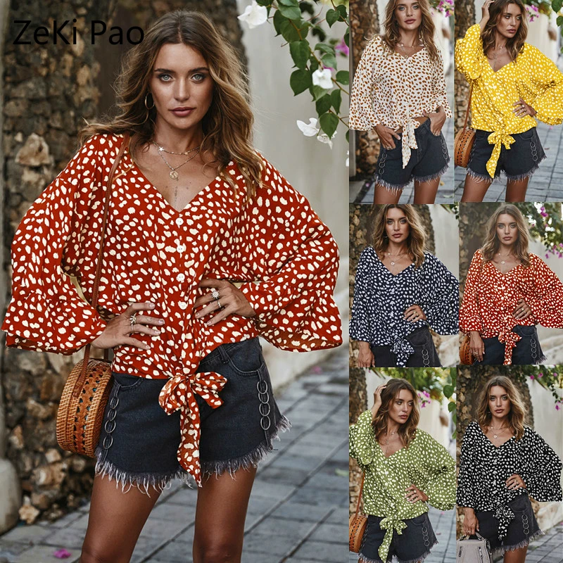 

Spring and Summer Women's Summer Polka Dot Print V-neck Shirt Lotus Leaf Sleeve Tie Knot T-shirt Fashion Sexy Beach Wind Top