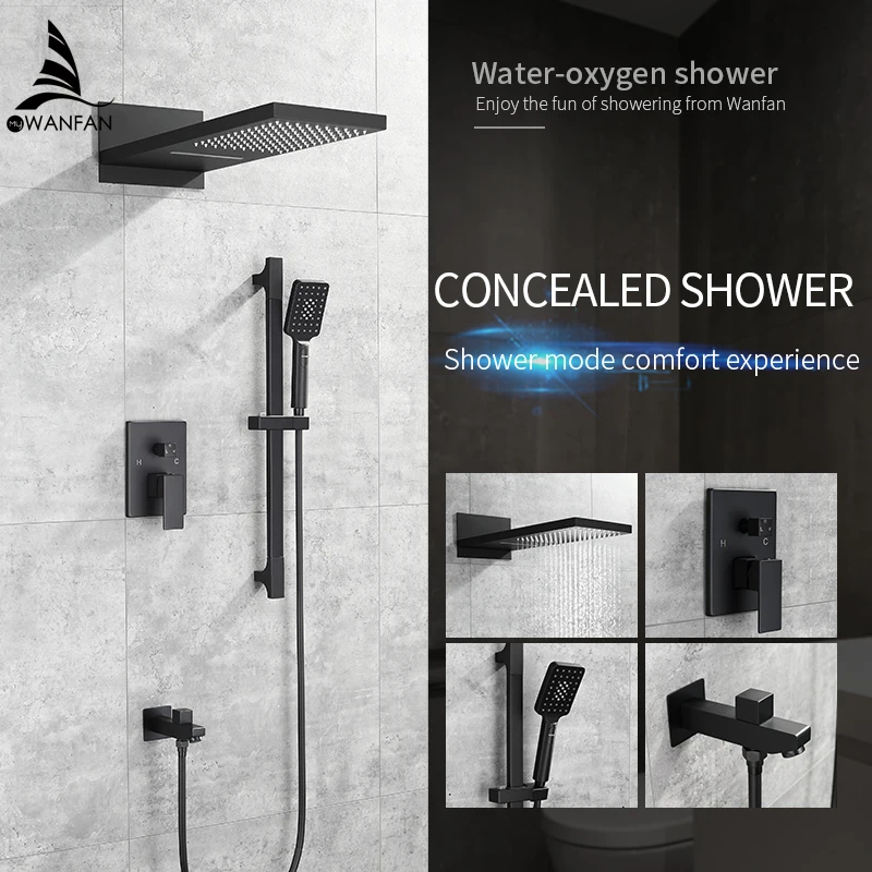 Douche Kranen Matte Black Wall Mount Badkamer Kraan Set Regenval