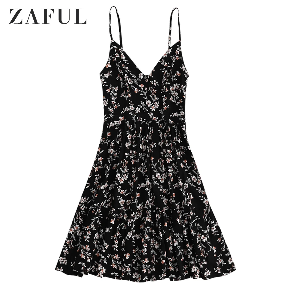 

ZAFUL Women'S Summer Boho Cami Dress Party Evening Sleeveless Beach A Line Dresses Women Button Print Floral Elegant Short Dress