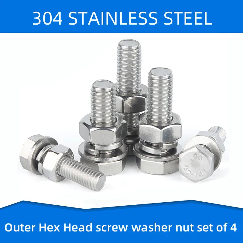 

304 Stainless Steel Outer Hex Screw Bolt with washer Nut External Hexagon Screws set of 4 Bolt M3 M4 M5 M6