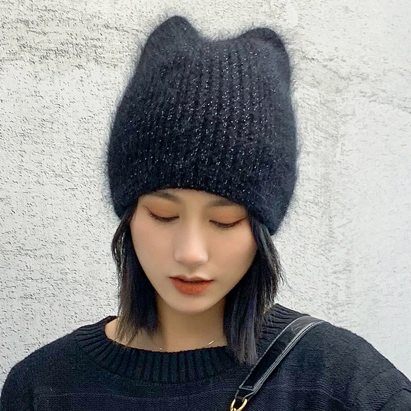 New Winter Warm lovely  Knitted Hats for Women Casual Soft Warm Angola Rabbit Fur Beanie hats for glris lady Bonnet Gorros 5
