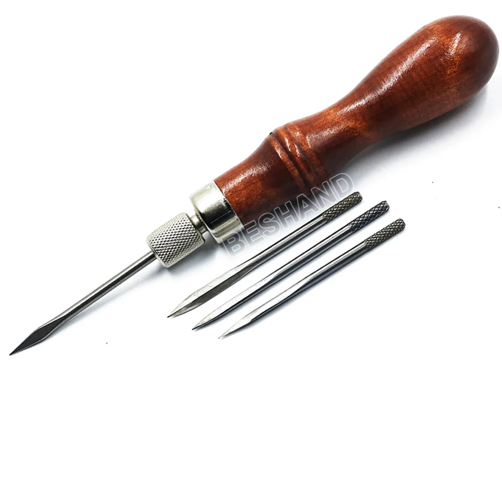 Leather Craft Awl tool Kit 4 in 1 Diamond Awl Pricking Iron wood Handle Leather Sewing Lacing Stitching Drilling Holes