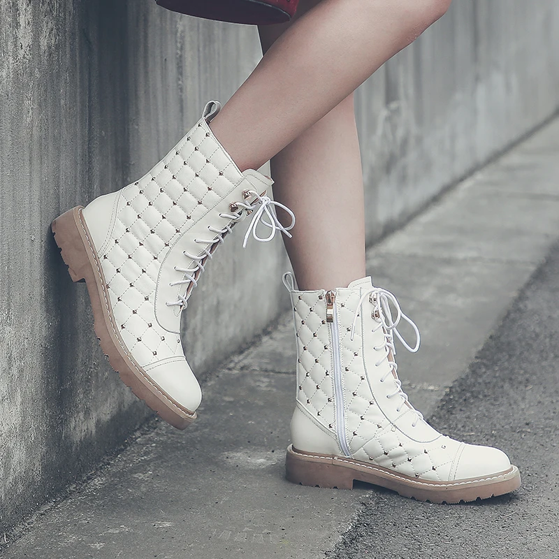 

Autumn new European and American Real cowhide Martin boots women's booties rivet Plaid decoration thick round toe women boots
