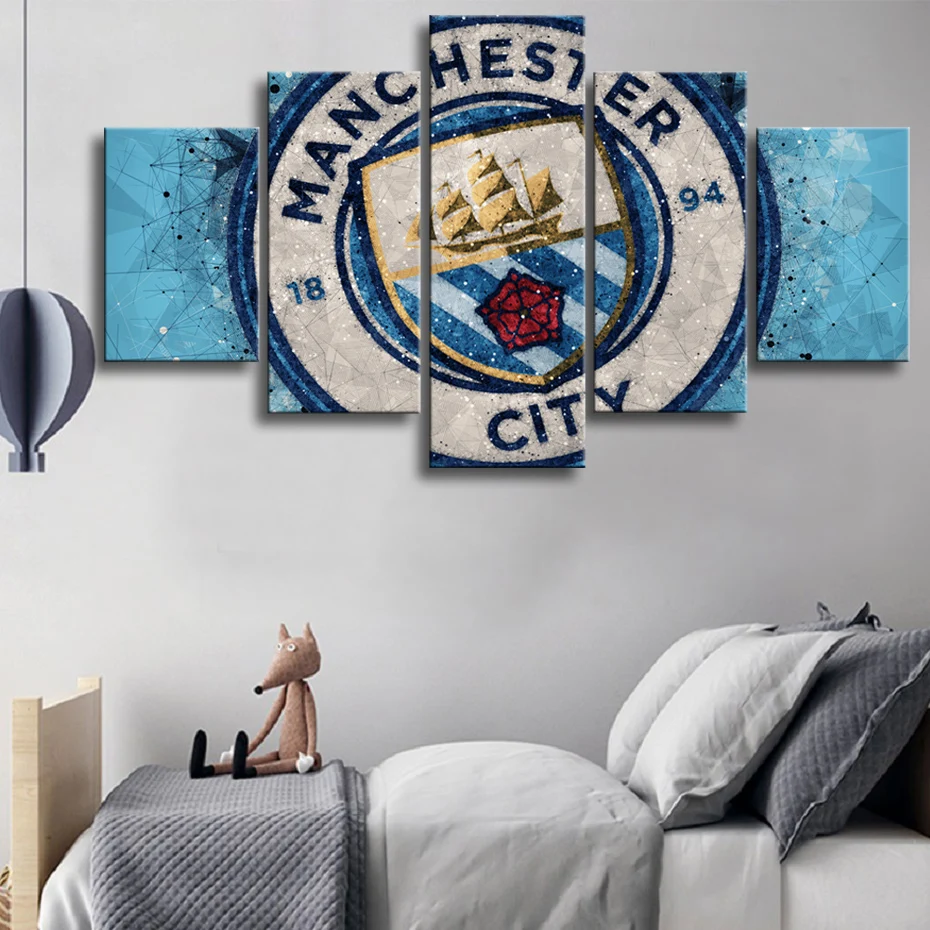 5 шт. спортивные плакаты на холсте с изображением футбольной лиги Манчестера города, настенные художественные принты, картины для мальчиков, декор для стен, рамка
