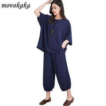 

MOVOKAKA High Quality Oversized Two Piece Set Women Pants Elegant Tracksuit Women Summer Two Piece Set Top And Pants Women's Set