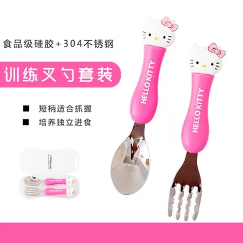 

Hello Kitty Stainless Steel Fork Spoon Baby Learn To Eat Spoon Fork Cutlery Kitchen Accessories 1set