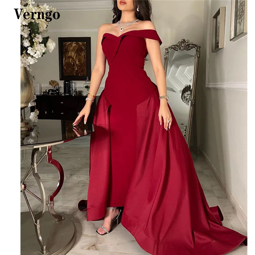 

Verngo Saudi Arabic Burgundy Women Formal Evening Dresses2021 Off Shoulder Sleeves Satin Prom Gowns Long Formal Party Dress