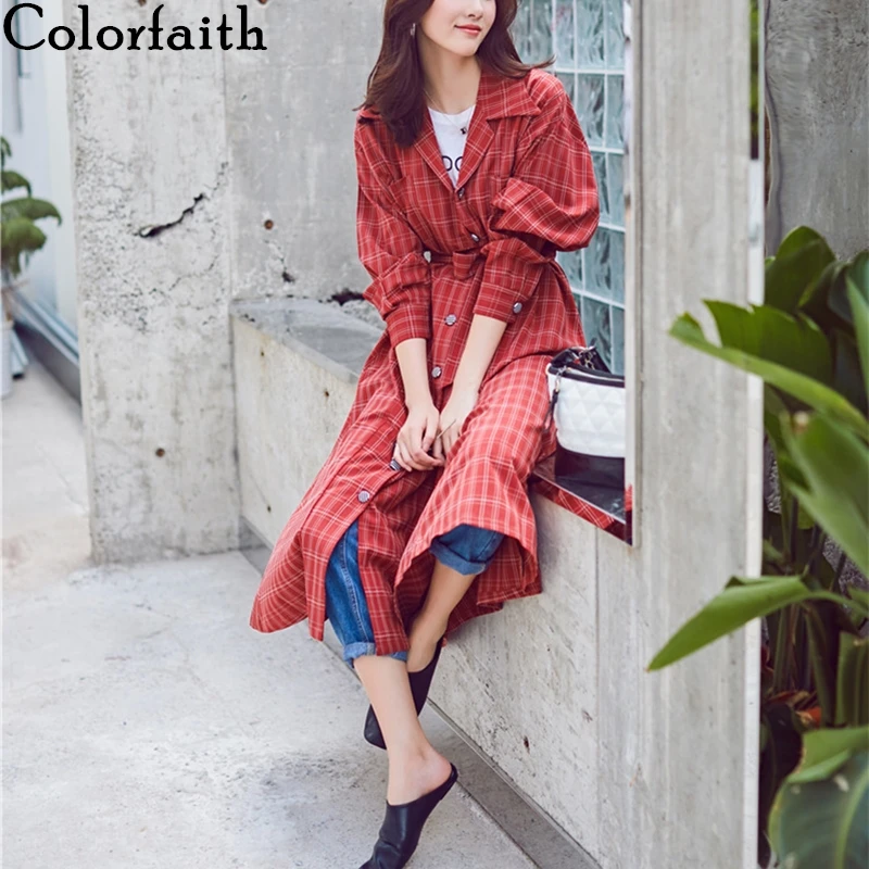 

Colorfaith New 2019 Women Jackets Dresses Spring Summer Red Plaid Sashes Lace Up Button Casual Elegant Blouse Outerwear JK8528