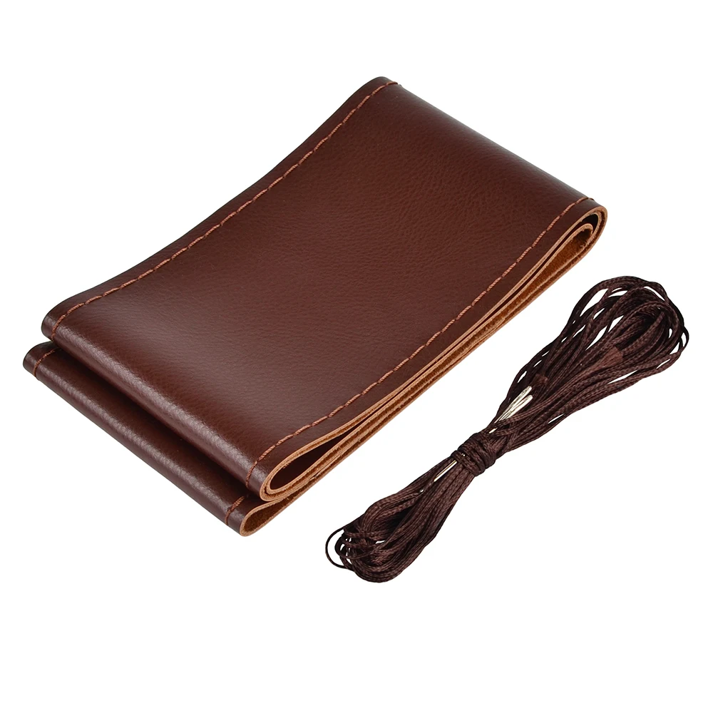 

H2CNC Hand Sewing Steering Wheel Cover Coffee Cowhide Leather 38cm with Needles Threads