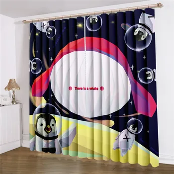 

2 Panels Interstellar Drifting Window Curtains Penguin Window Treatments 3D Print Cartoon Window Drapes Space Rocket Curtain