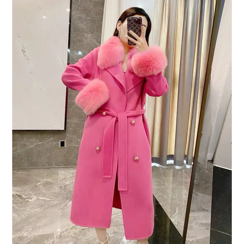 

2021 Winter Clothes Women Wool Blends Cashmere Coat With Real Fox Fur Collar Double Breasted Jackets Ladies Long Overcoat