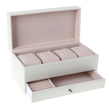 

4 Compartment Watch Storage Box Drawer Jewelry Storage Display Leather Square Jewelry Box, White