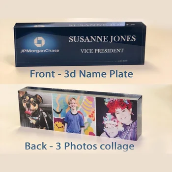 

Personalized Desk Name Plate with photo Collage,Name,Title & Logo on Premium Clear Acrylic Glass Block, Custom Office Nameplate