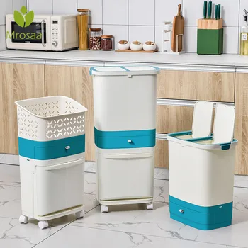 

3 Layer Classification Trash Can Kitchen Plastic Dustbin Wet and Dry Press Button Recycle Stacked Sorting Rubbish Bin With Wheel