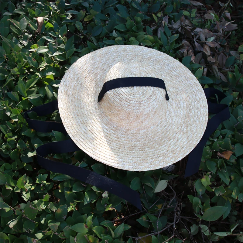 12 см козырек от солнца с длинной лентой женская пляжная шляпа Дамы для отдыха соломенный УФ шляпа для женщин сад японский - Цвет: Черный